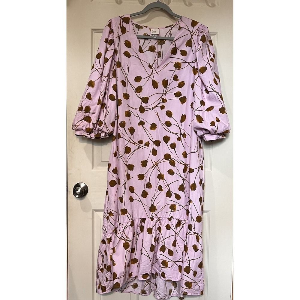 A New Day Pink Floral Midi Dress XL Puff Sleeve V Neck Ruffle Hem Pockets
